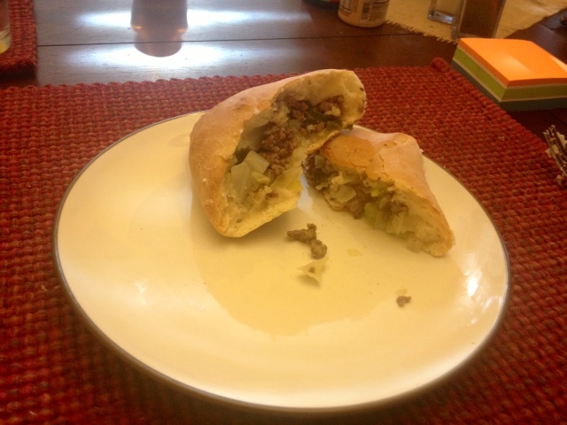 Stuffed with tasty goodness (hamburger, cabbage, and onion)